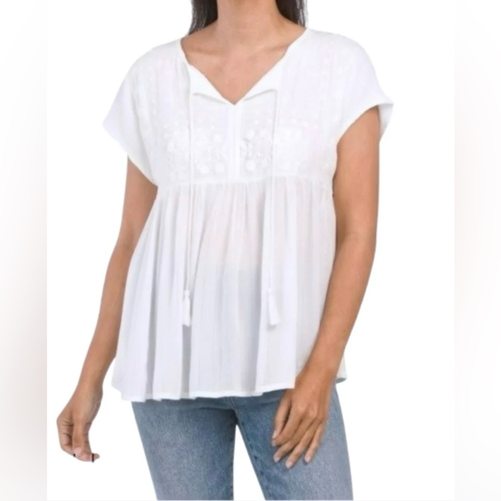 RACHEL Rachel Roy White Embroidered Boho Peasant Top with Tassel Tie Medium